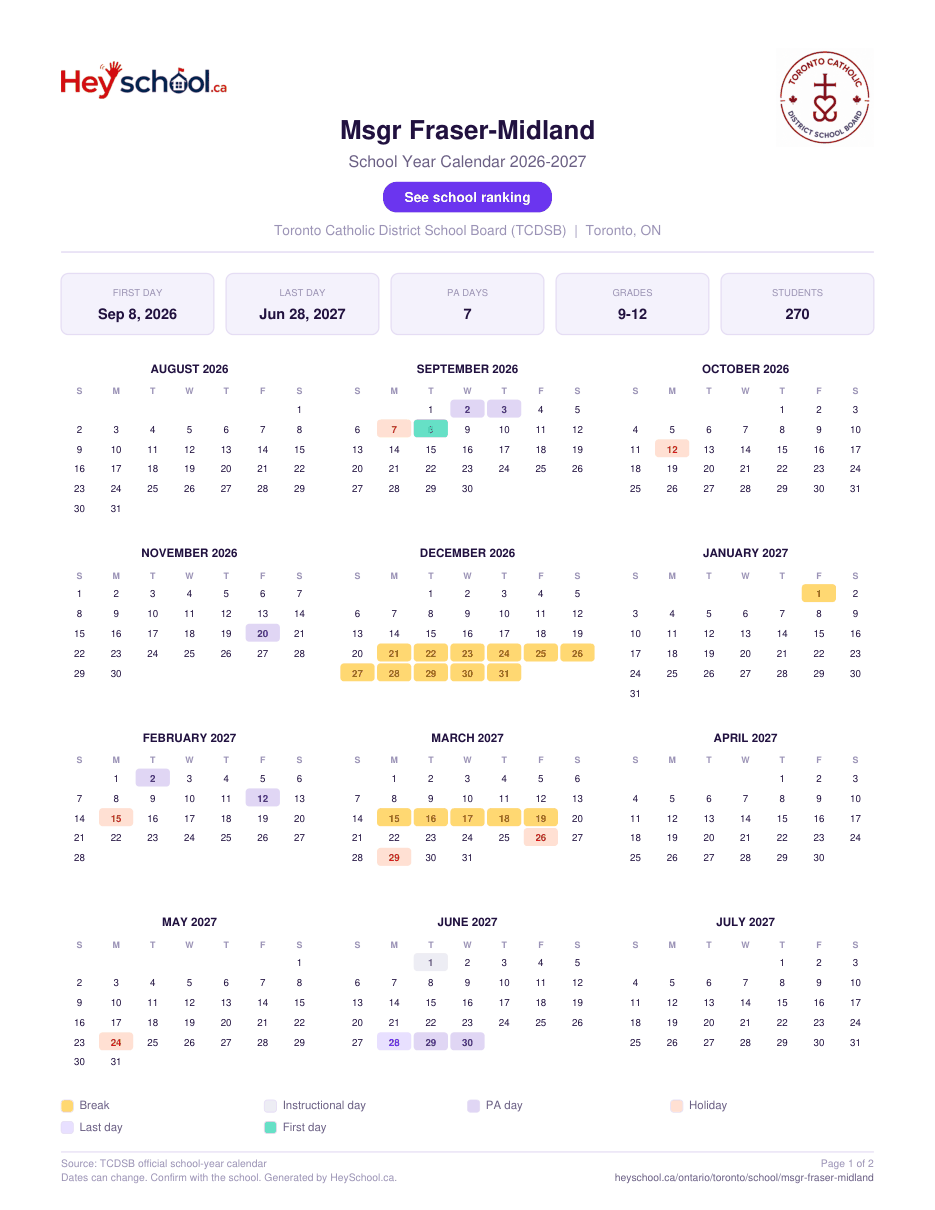 Msgr Fraser-Midland School Year Calendar 2026-2027