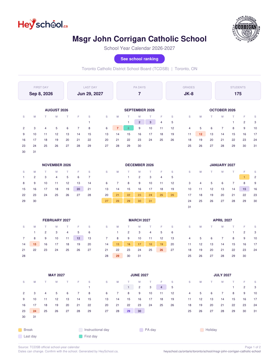 Msgr John Corrigan Catholic School School Year Calendar 2026-2027