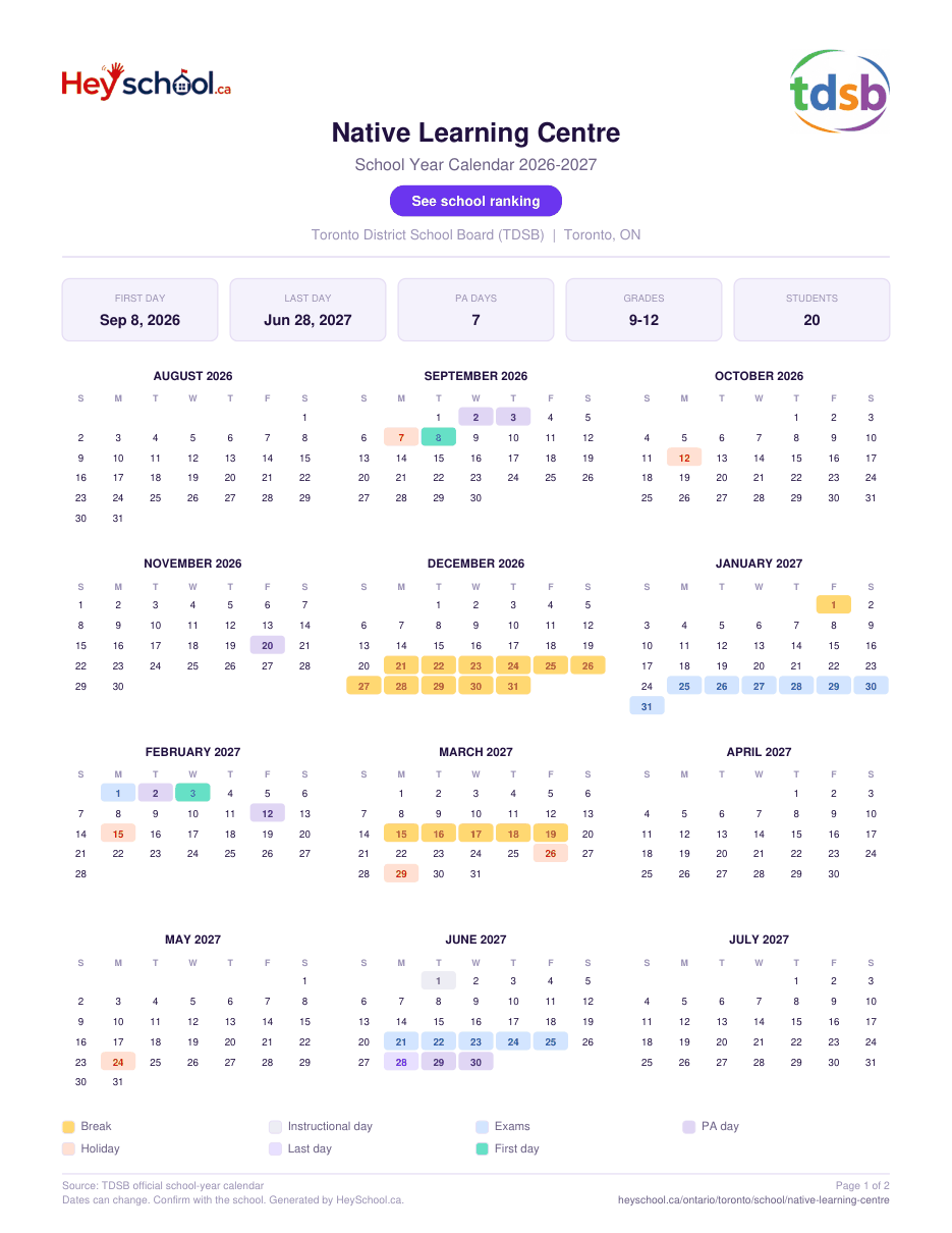 Native Learning Centre School Year Calendar 2026-2027