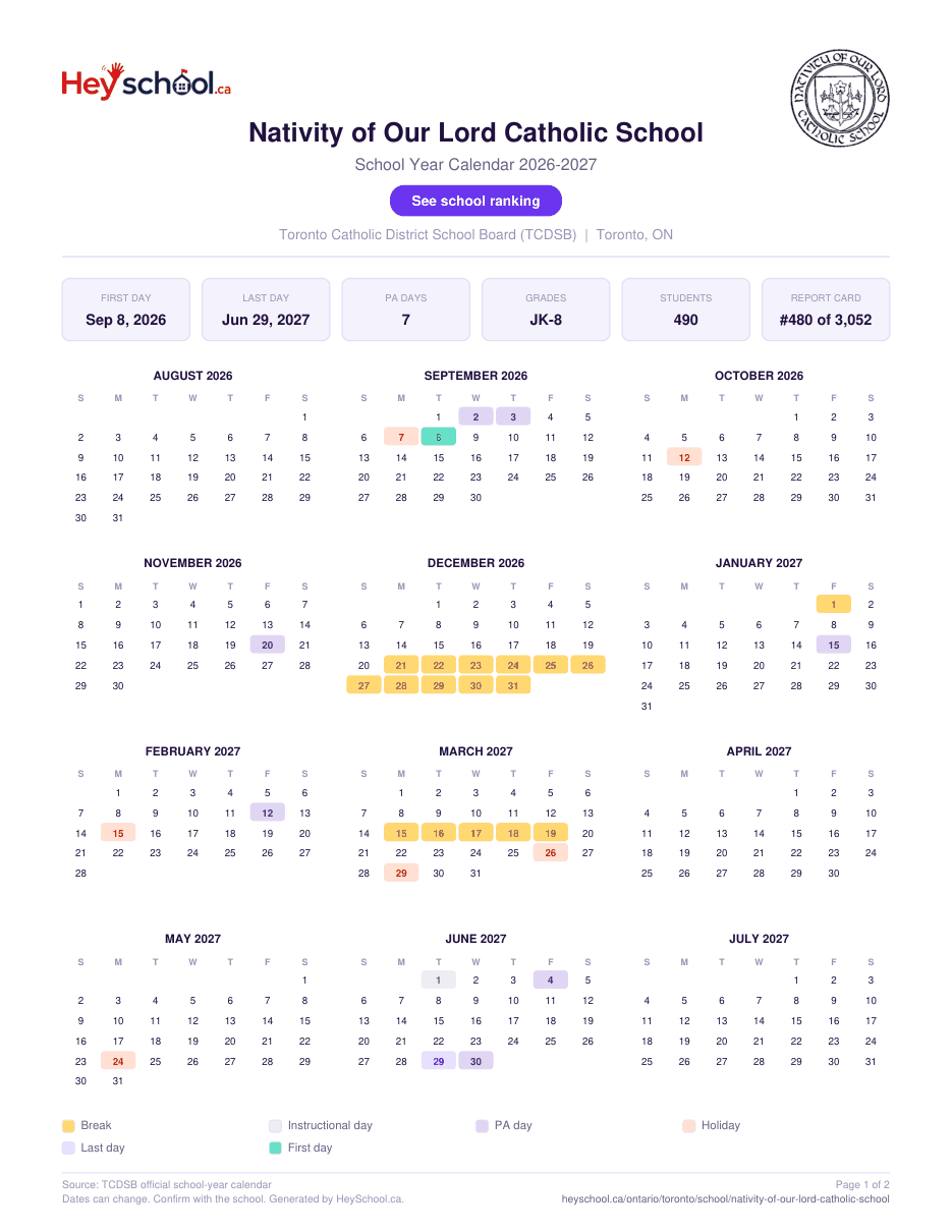 Nativity of Our Lord Catholic School School Year Calendar 2026-2027