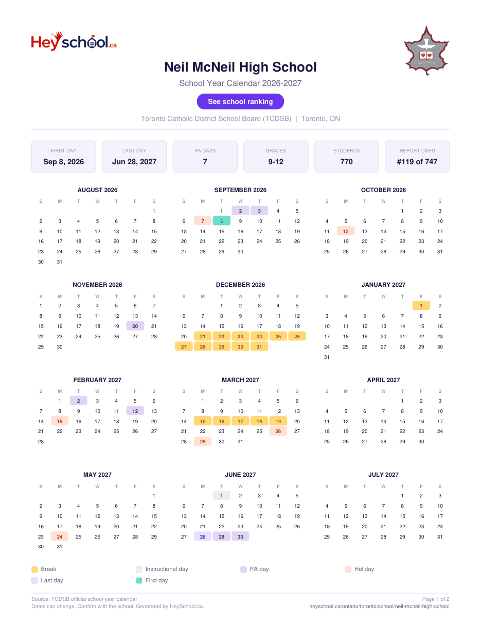 Neil McNeil High School School Year Calendar 2026-2027