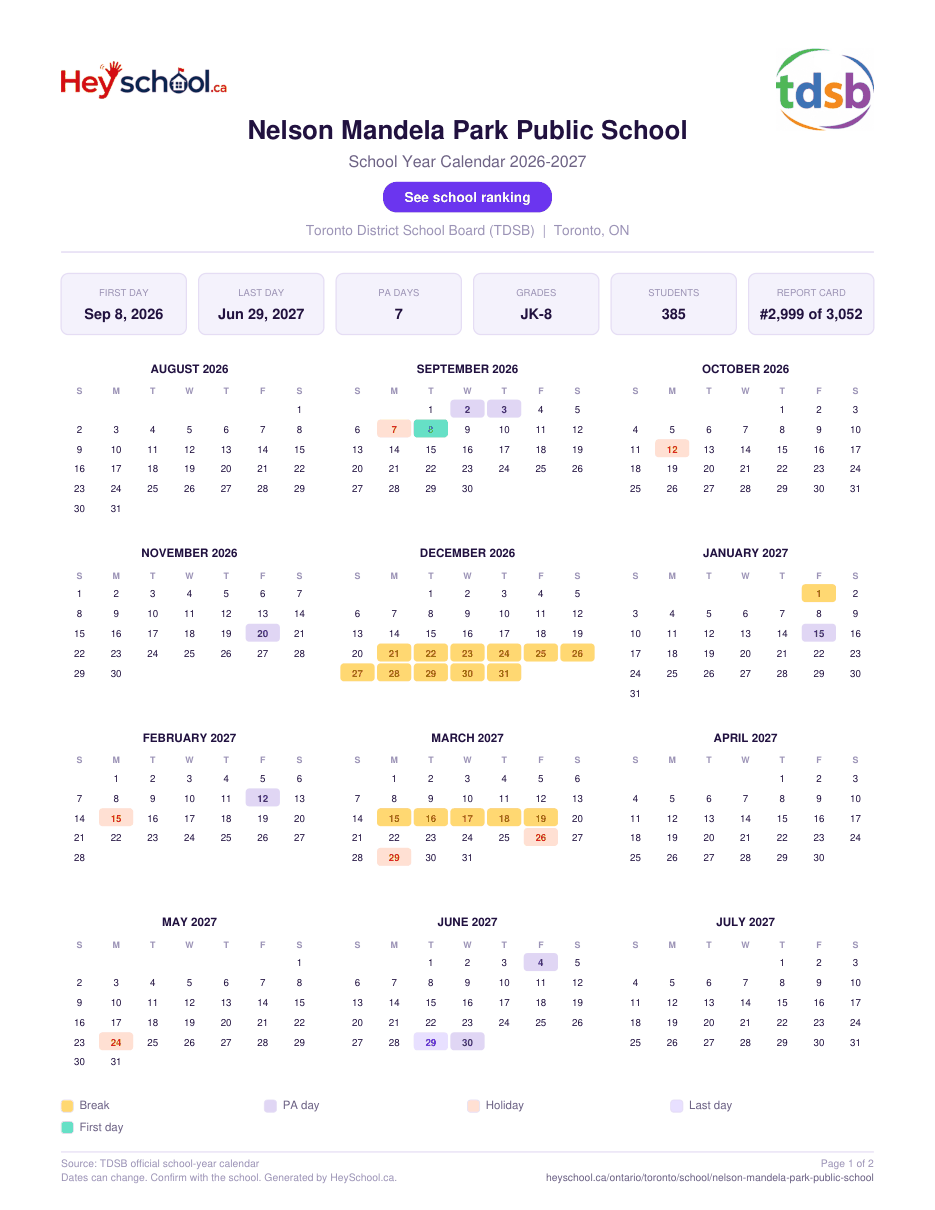 Nelson Mandela Park Public School School Year Calendar 2026-2027