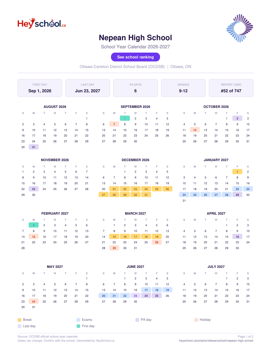 Nepean High School School Year Calendar 2026-2027