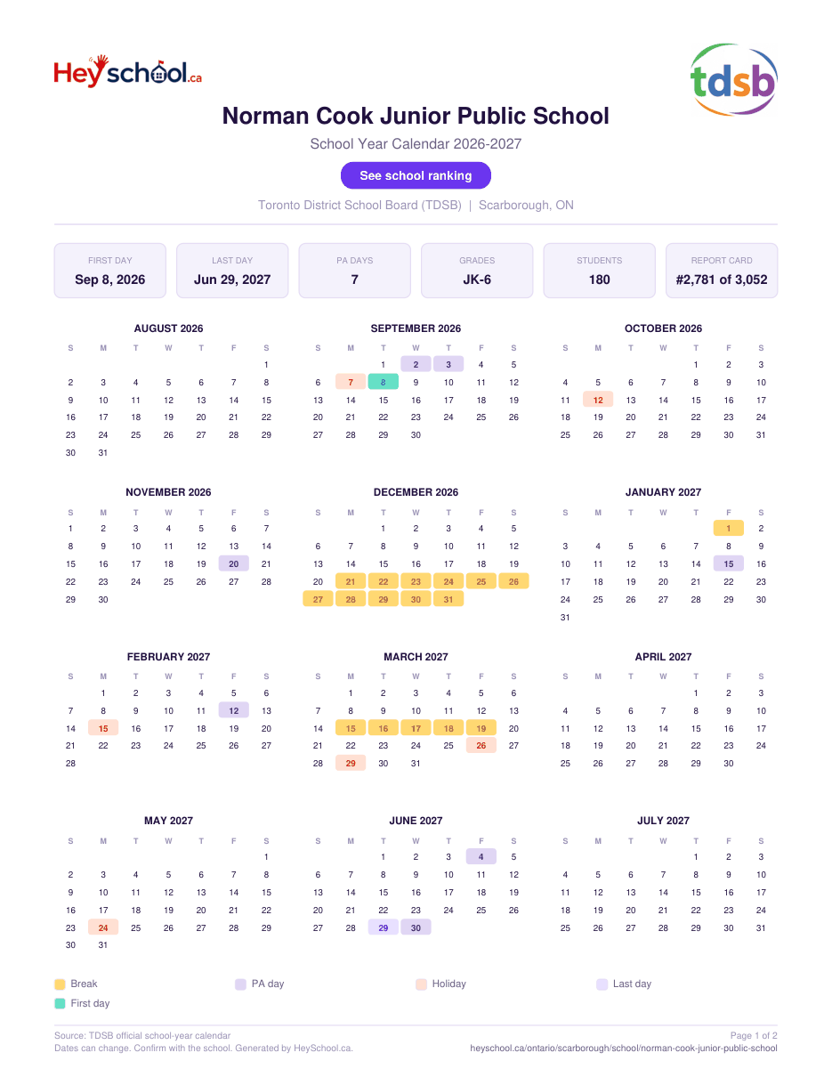Norman Cook Junior Public School School Year Calendar 2026-2027