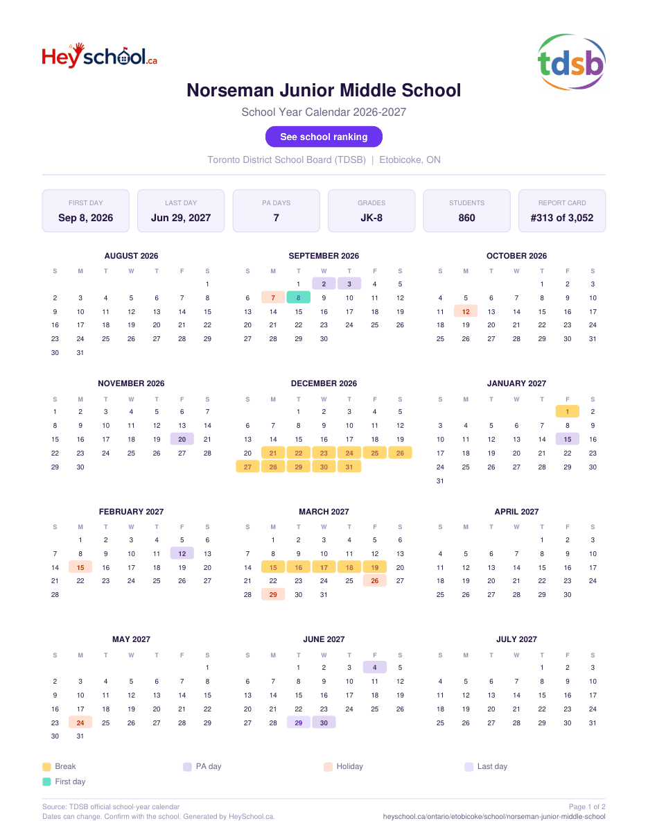 Norseman Junior Middle School School Year Calendar 2026-2027
