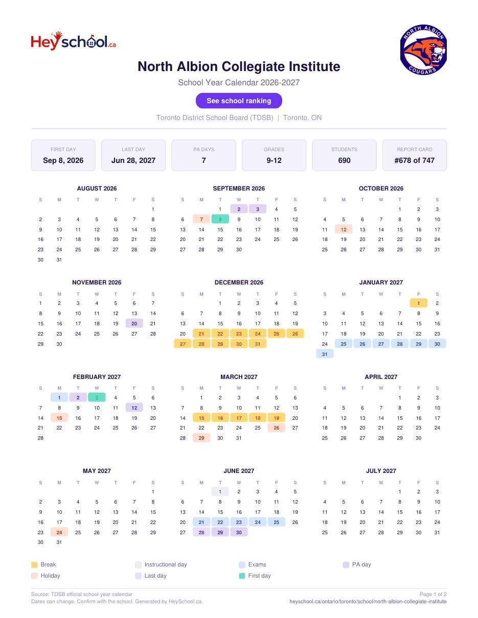 North Albion Collegiate Institute School Year Calendar 2026-2027