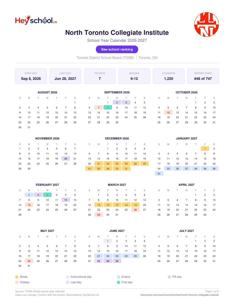North Toronto Collegiate Institute School Year Calendar 2026-2027