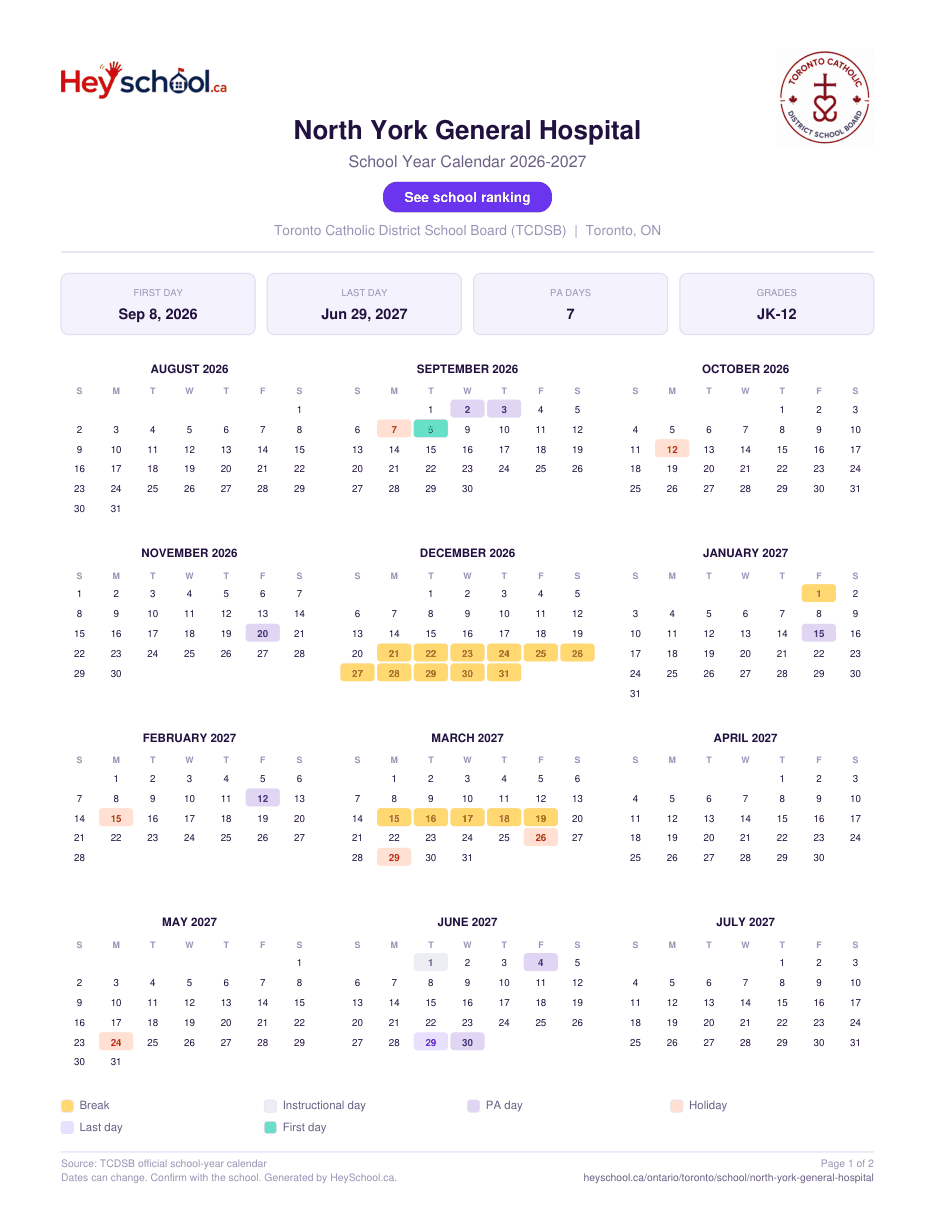 North York General Hospital School Year Calendar 2026-2027