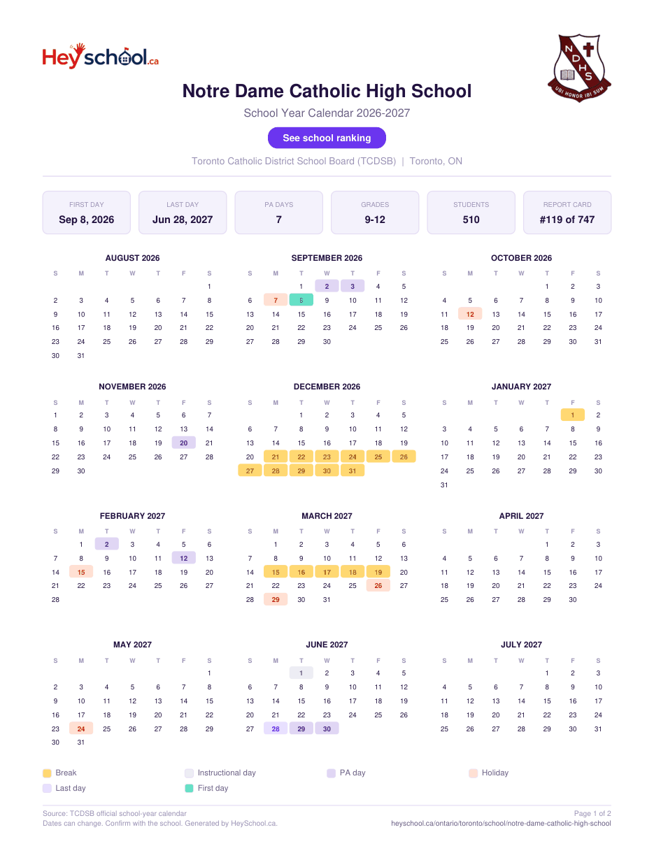 Notre Dame Catholic High School School Year Calendar 2026-2027