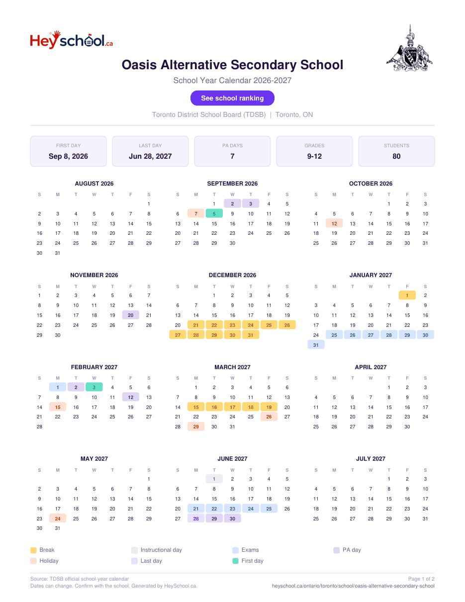 Oasis Alternative Secondary School School Year Calendar 2026-2027