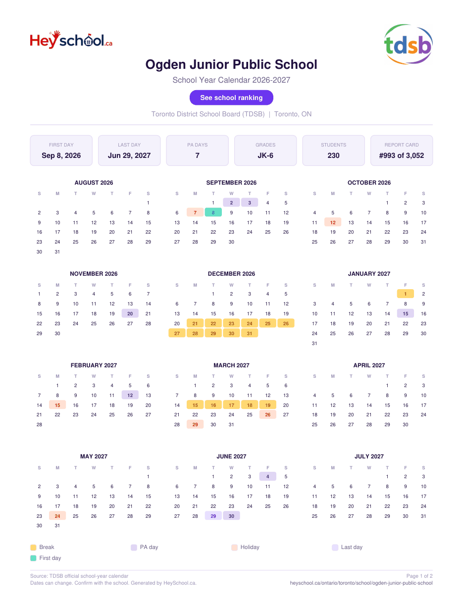 Ogden Junior Public School School Year Calendar 2026-2027