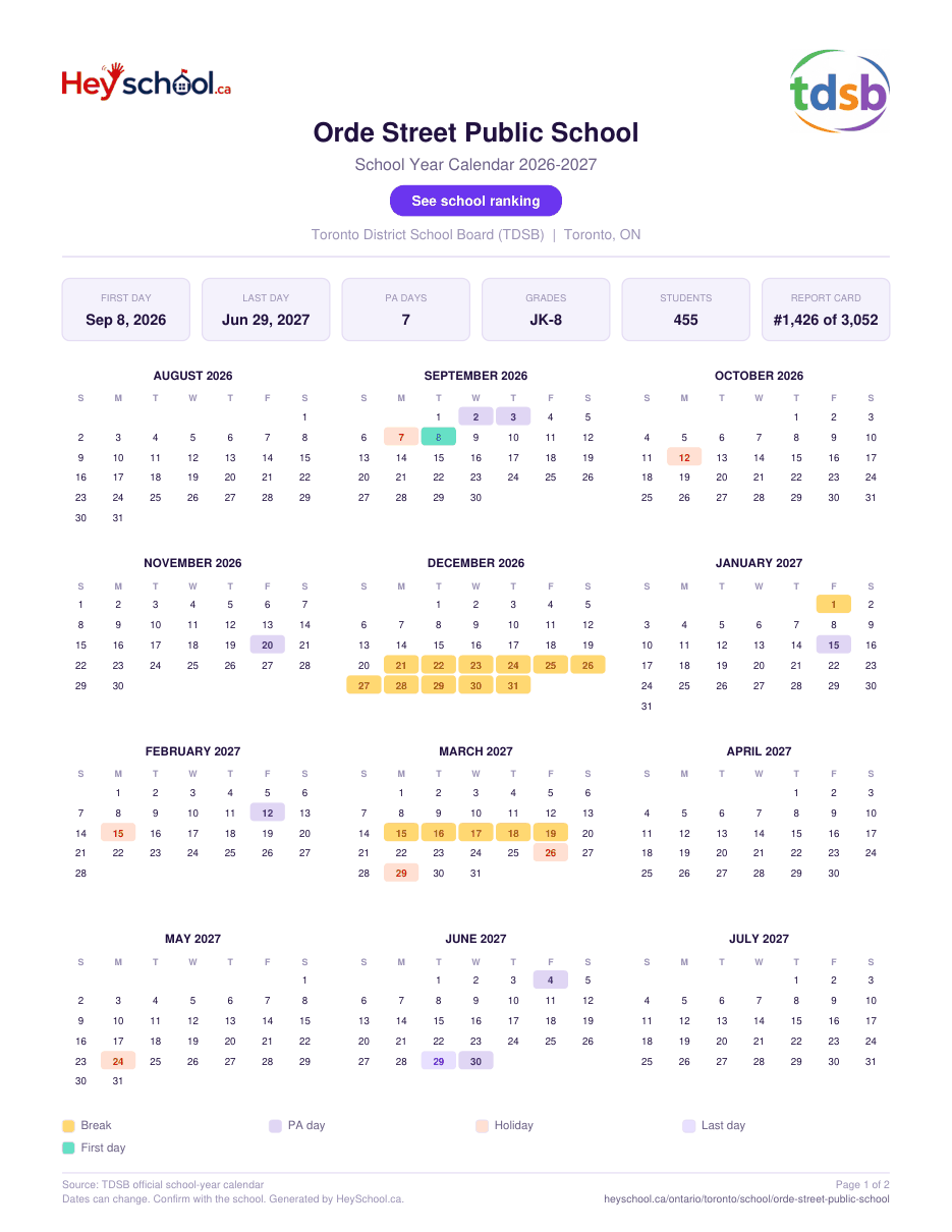 Orde Street Public School School Year Calendar 2026-2027