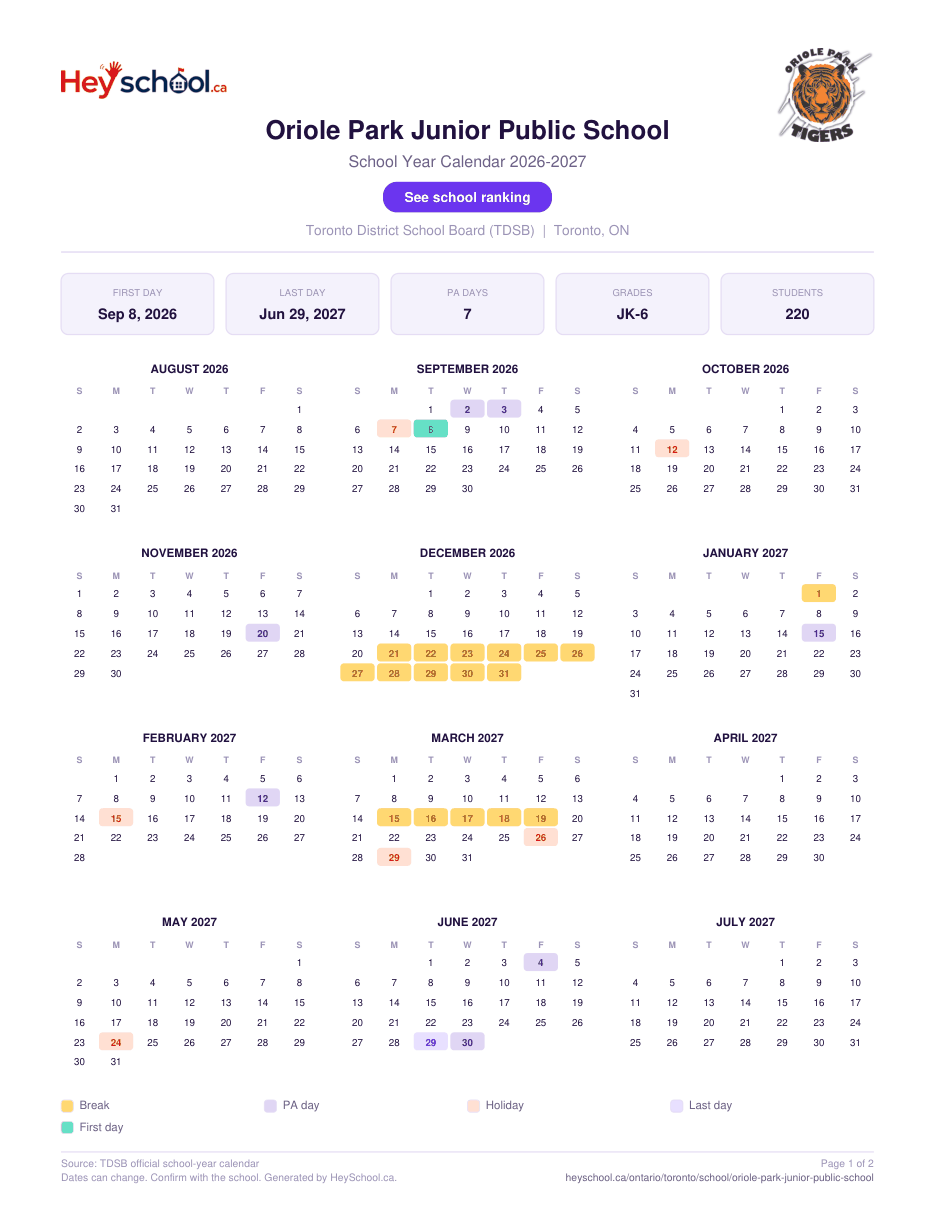 Oriole Park Junior Public School School Year Calendar 2026-2027