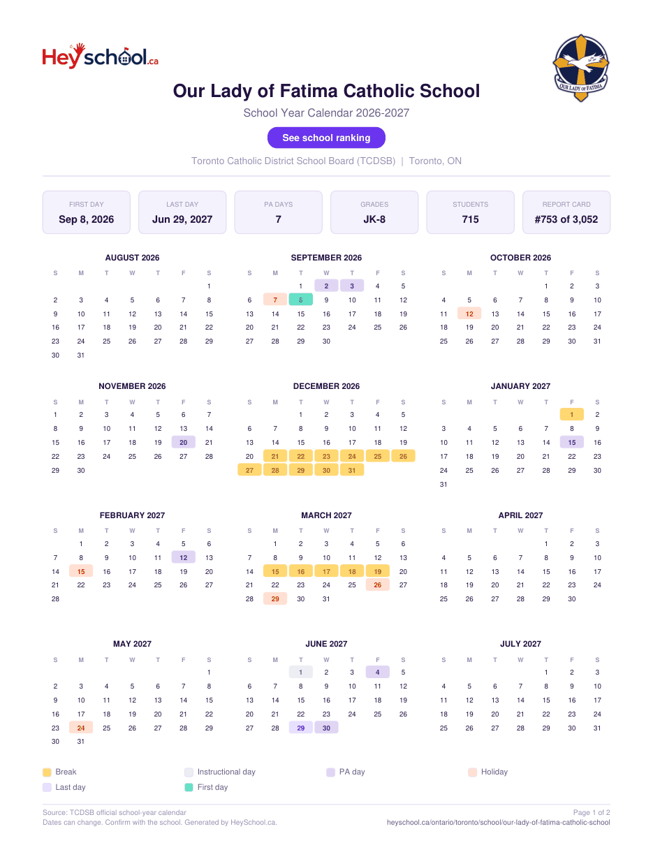 Our Lady of Fatima Catholic School School Year Calendar 2026-2027