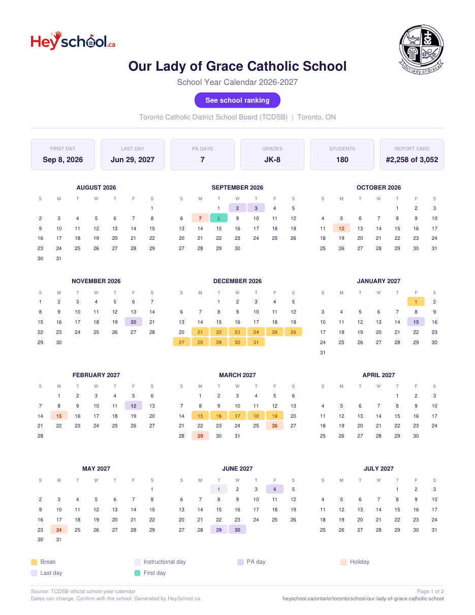 Our Lady of Grace Catholic School School Year Calendar 2026-2027