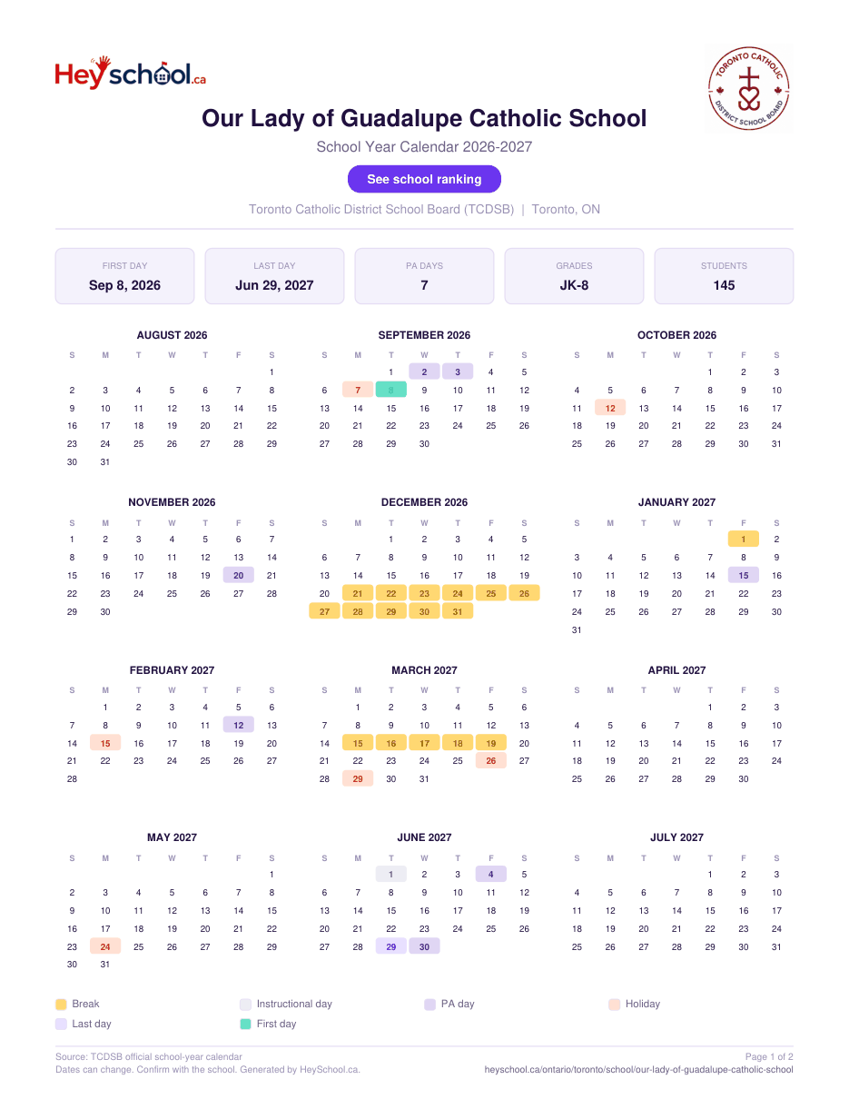 Our Lady of Guadalupe Catholic School School Year Calendar 2026-2027