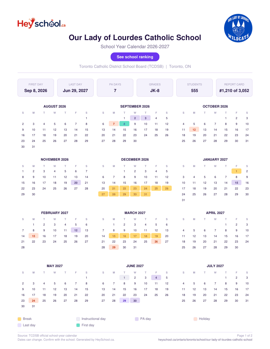 Our Lady of Lourdes Catholic School School Year Calendar 2026-2027