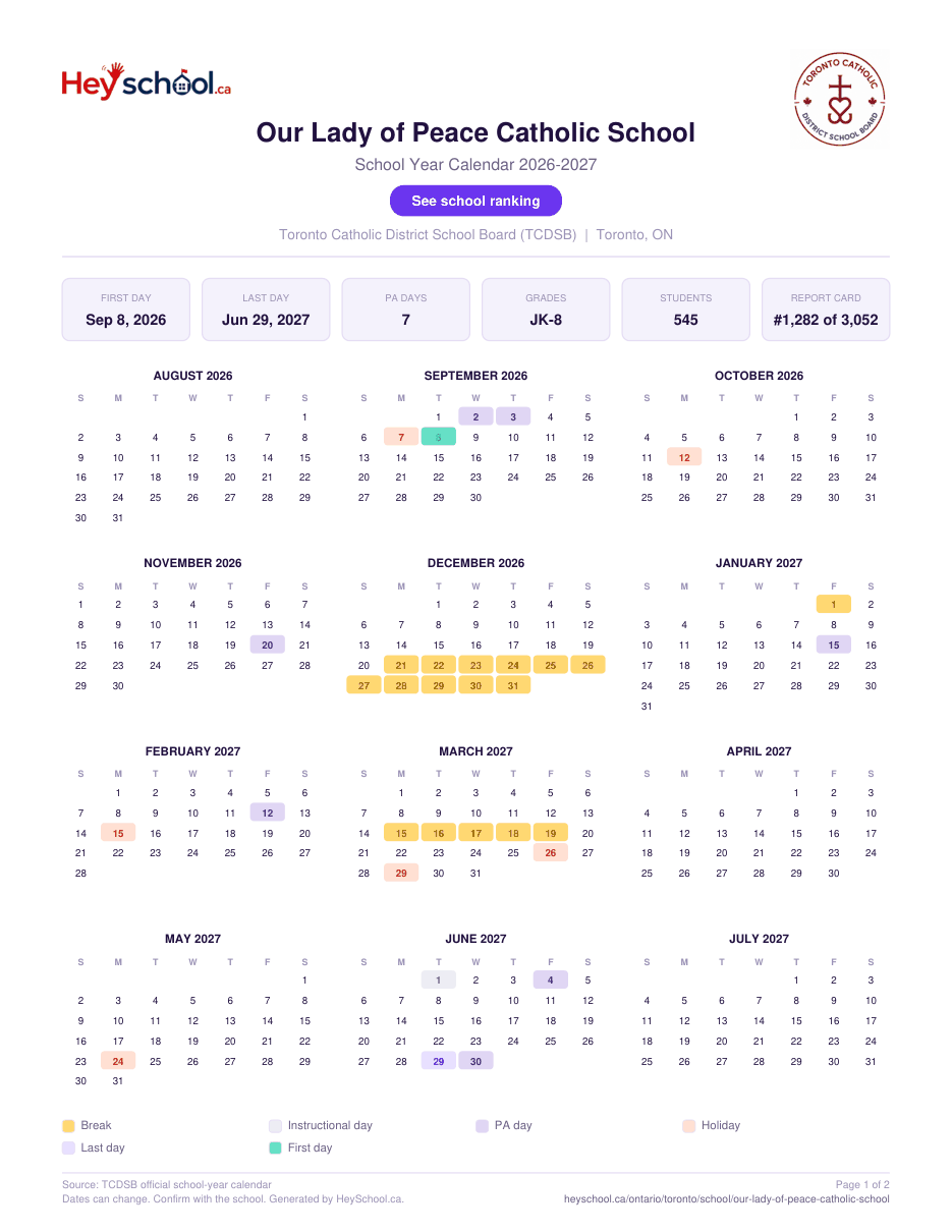 Our Lady of Peace Catholic School School Year Calendar 2026-2027