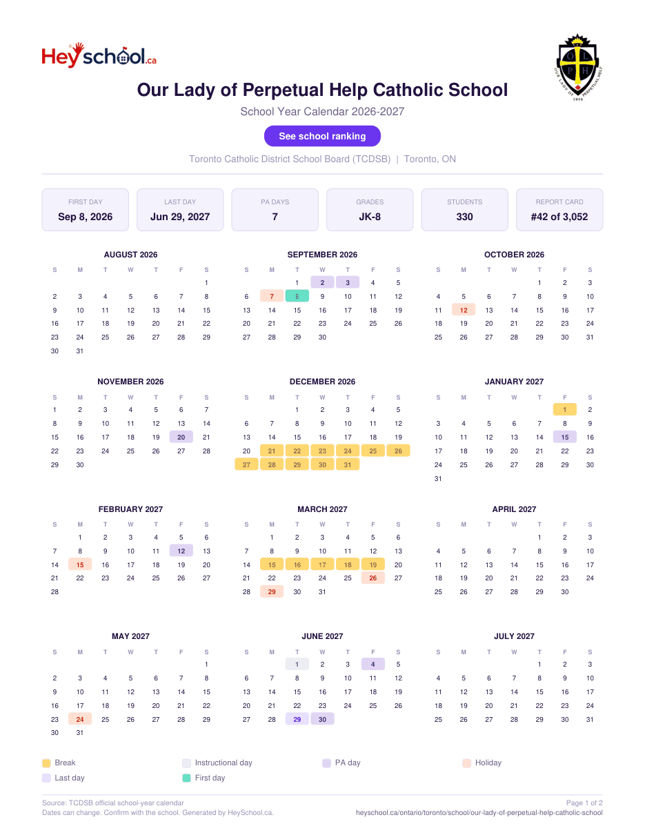 Our Lady of Perpetual Help Catholic School School Year Calendar 2026-2027