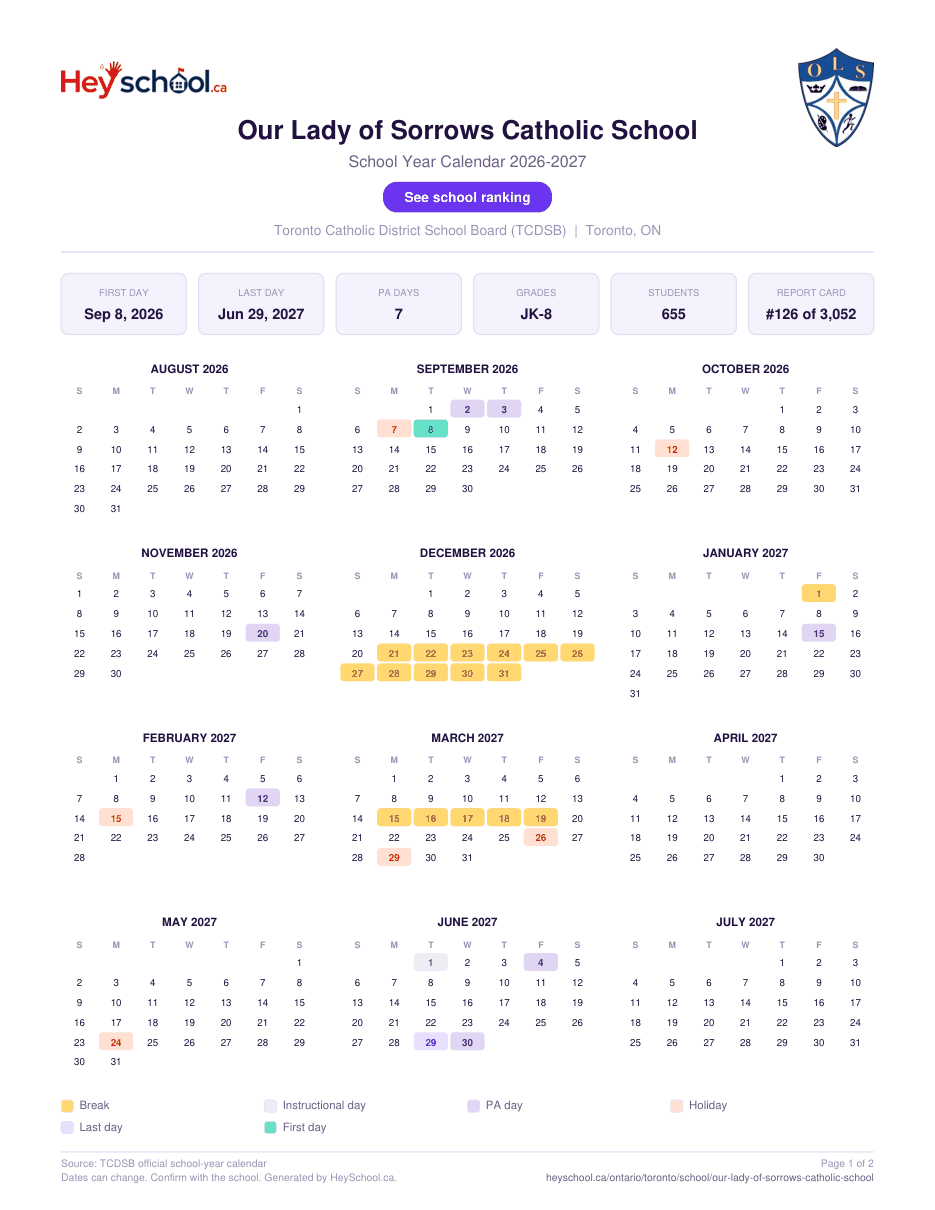 Our Lady of Sorrows Catholic School School Year Calendar 2026-2027