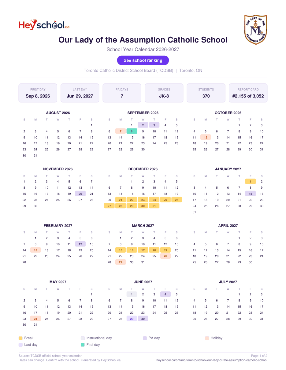 Our Lady of the Assumption Catholic School School Year Calendar 2026-2027