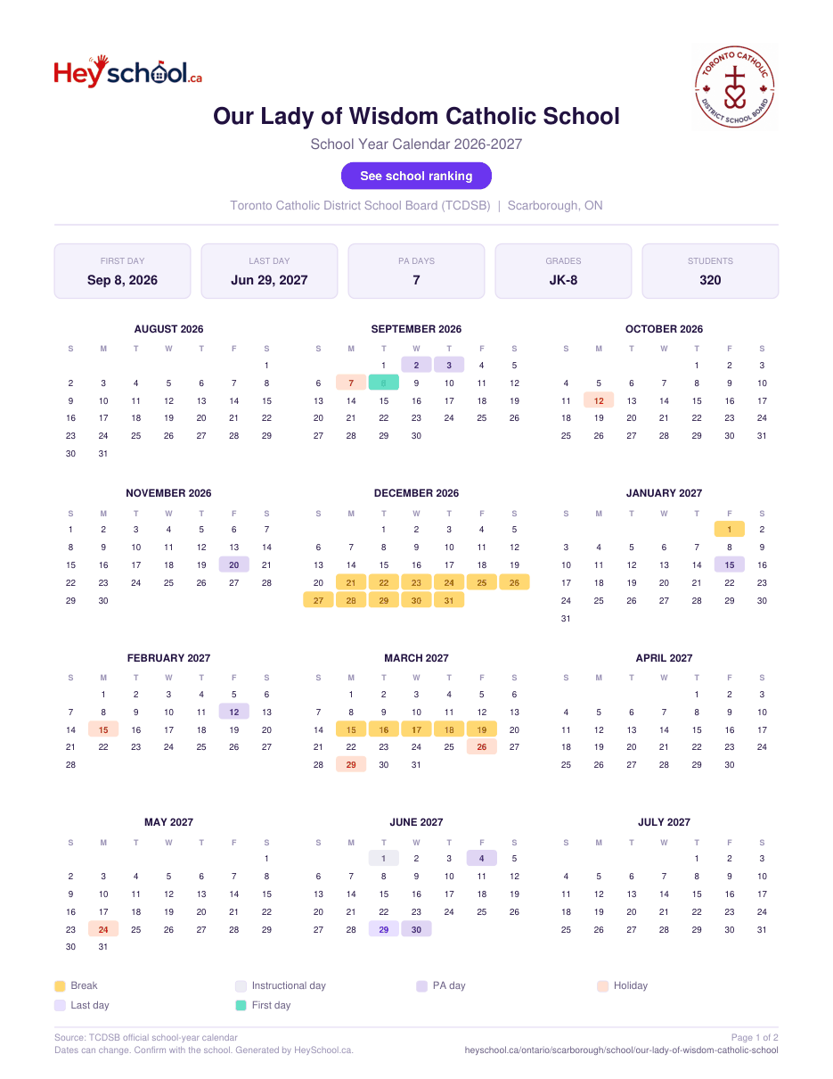 Our Lady of Wisdom Catholic School School Year Calendar 2026-2027