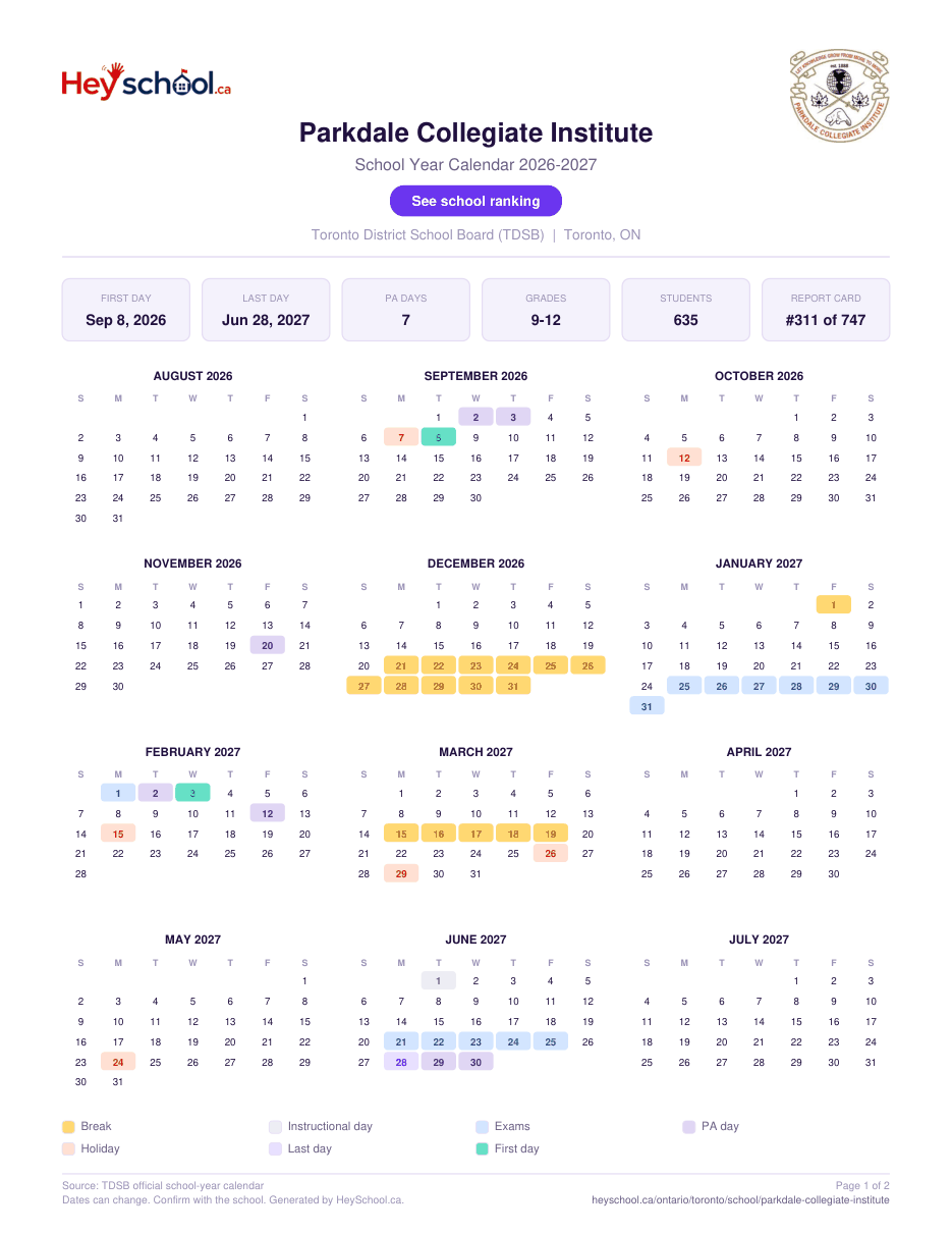 Parkdale Collegiate Institute School Year Calendar 2026-2027