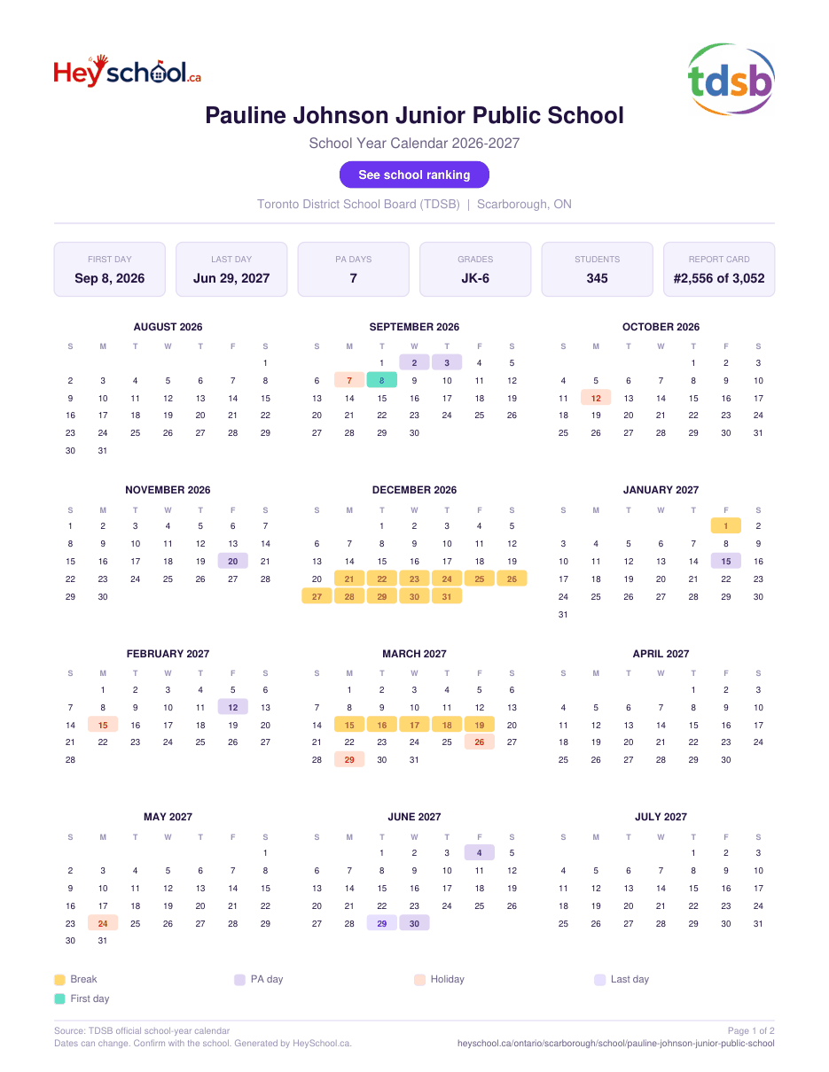 Pauline Johnson Junior Public School School Year Calendar 2026-2027
