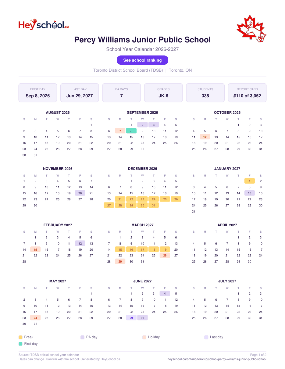 Percy Williams Junior Public School School Year Calendar 2026-2027