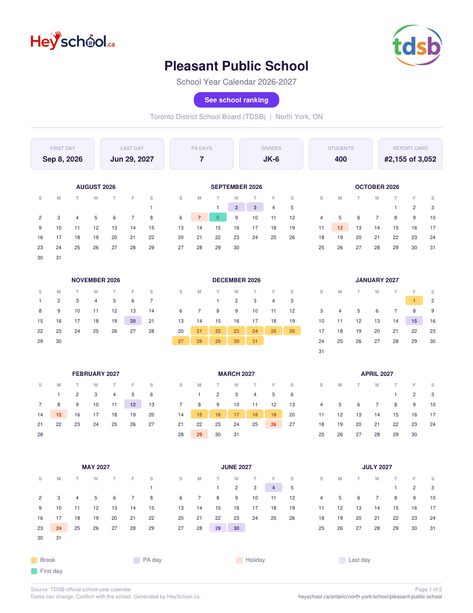 Pleasant Public School School Year Calendar 2026-2027