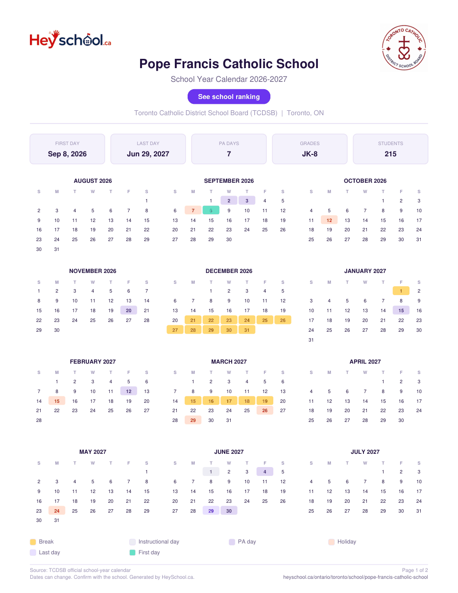 Pope Francis Catholic School School Year Calendar 2026-2027