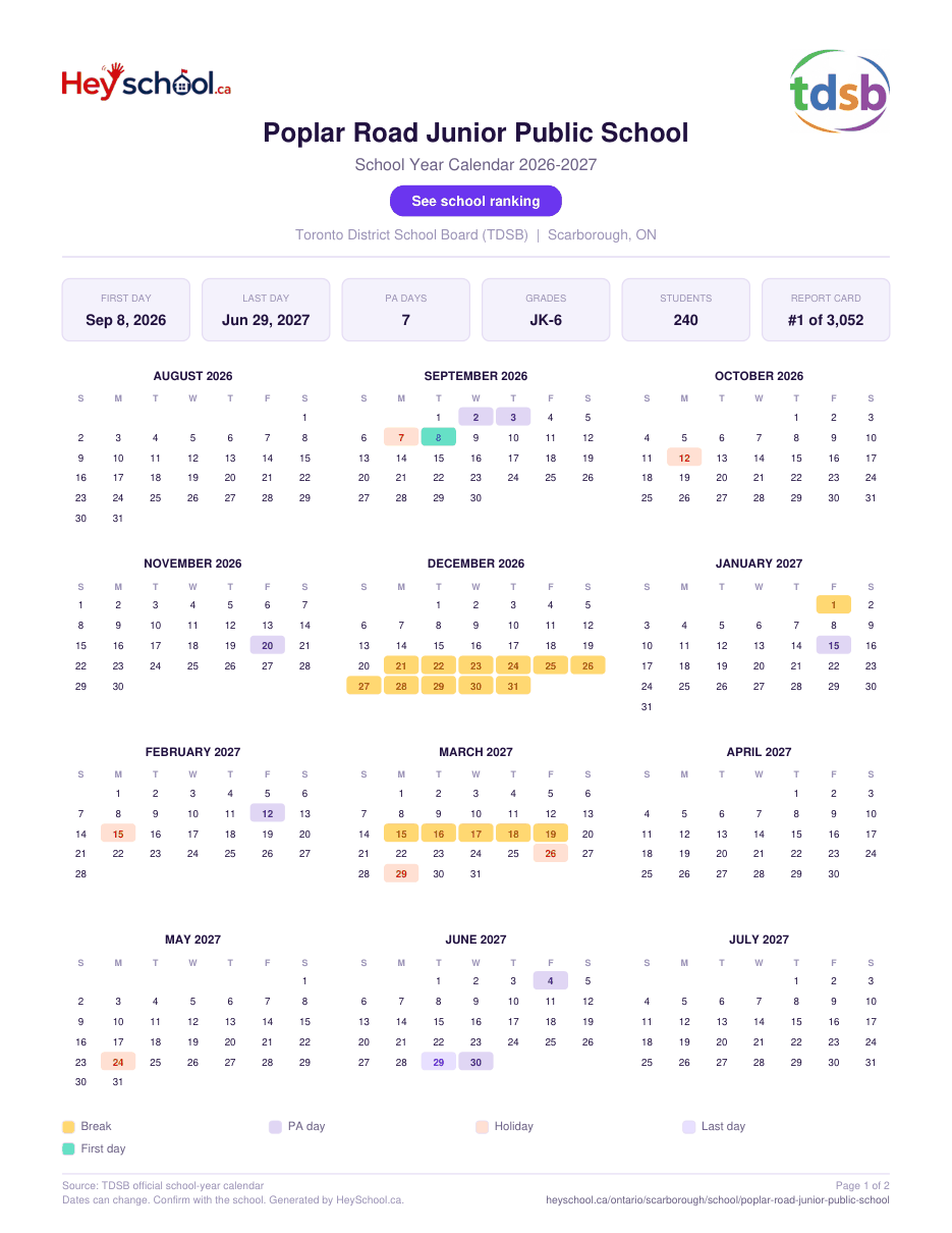 Poplar Road Junior Public School School Year Calendar 2026-2027