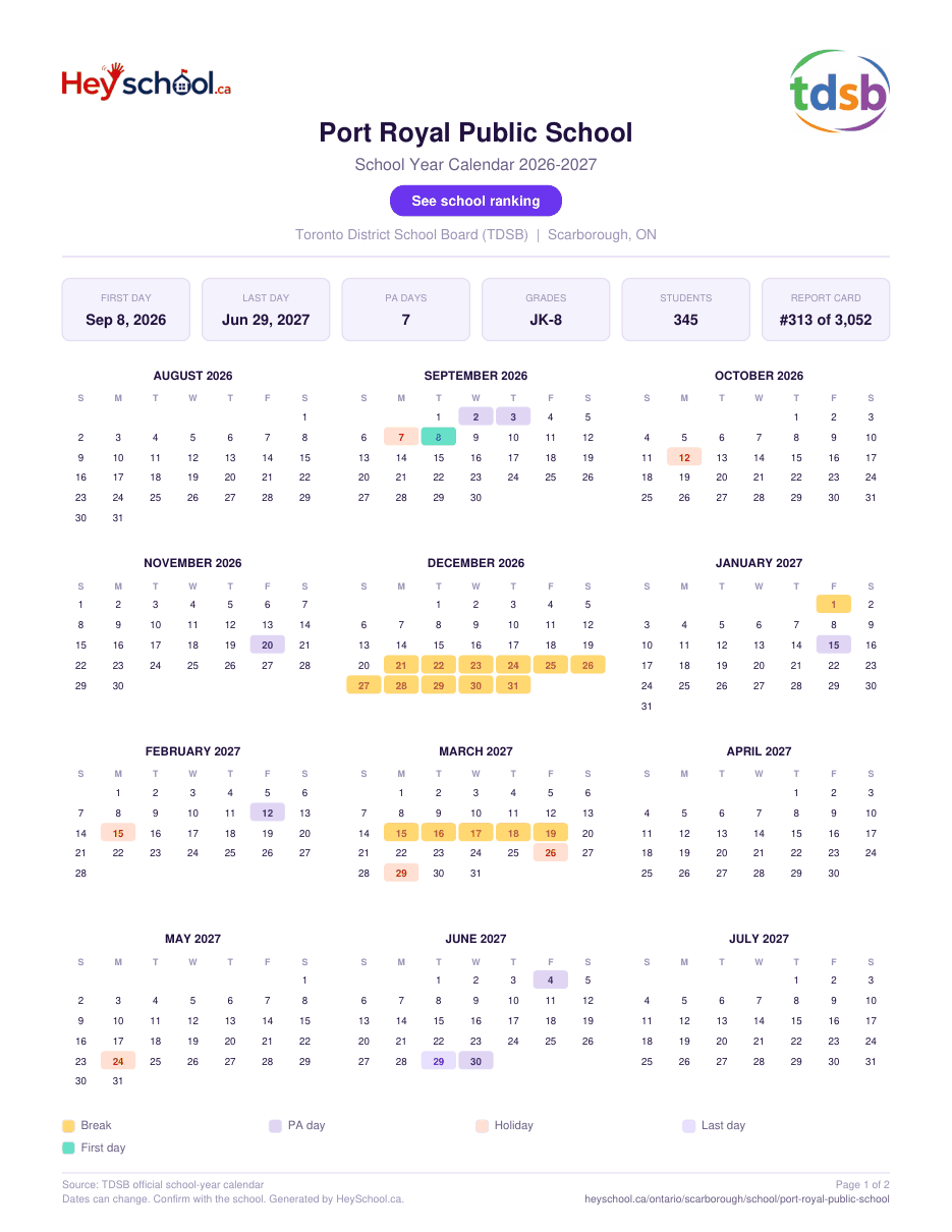 Port Royal Public School School Year Calendar 2026-2027