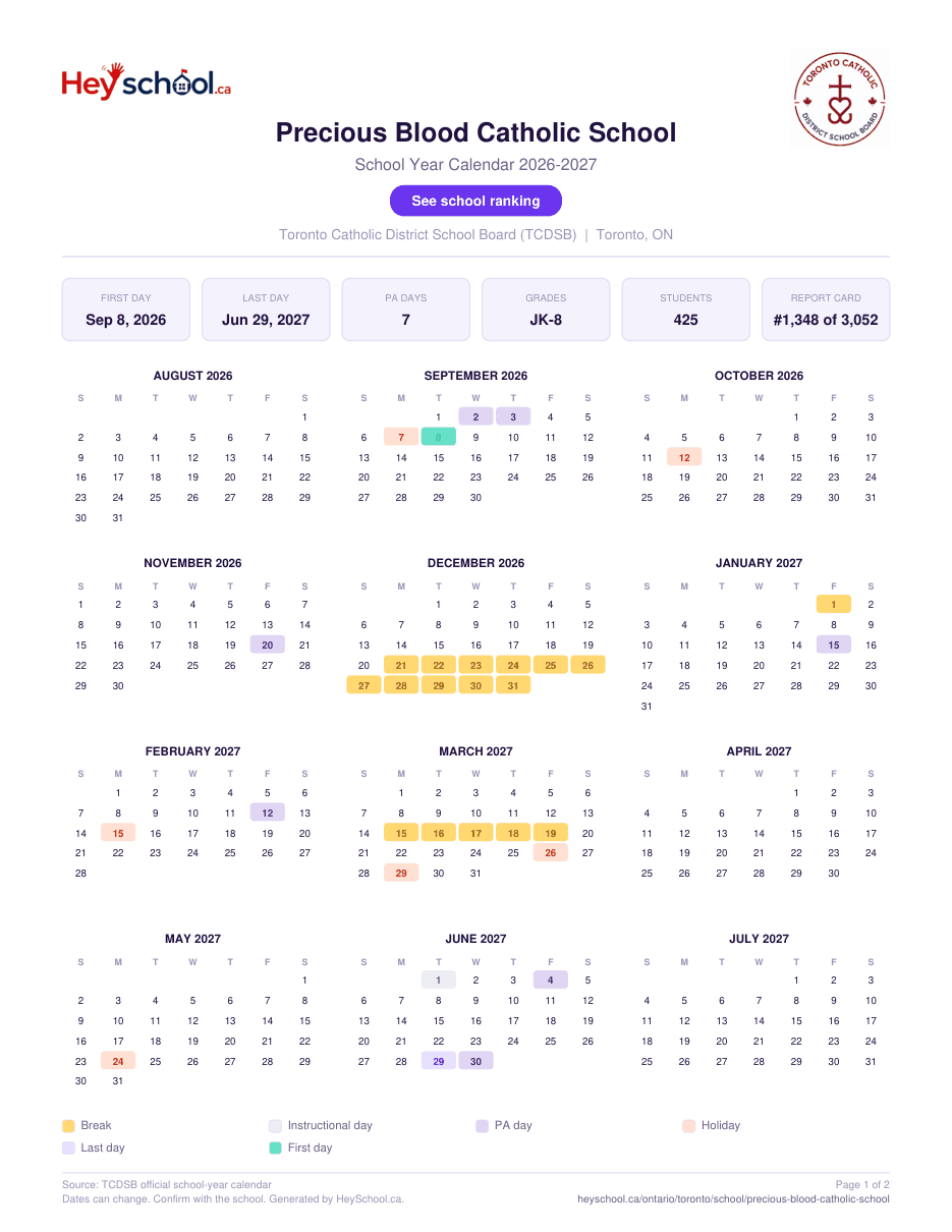 Precious Blood Catholic School School Year Calendar 2026-2027