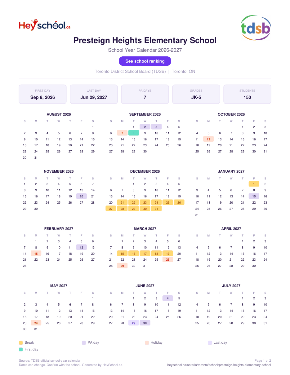 Presteign Heights Elementary School School Year Calendar 2026-2027