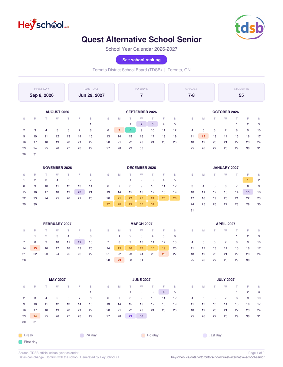 Quest Alternative School Senior School Year Calendar 2026-2027