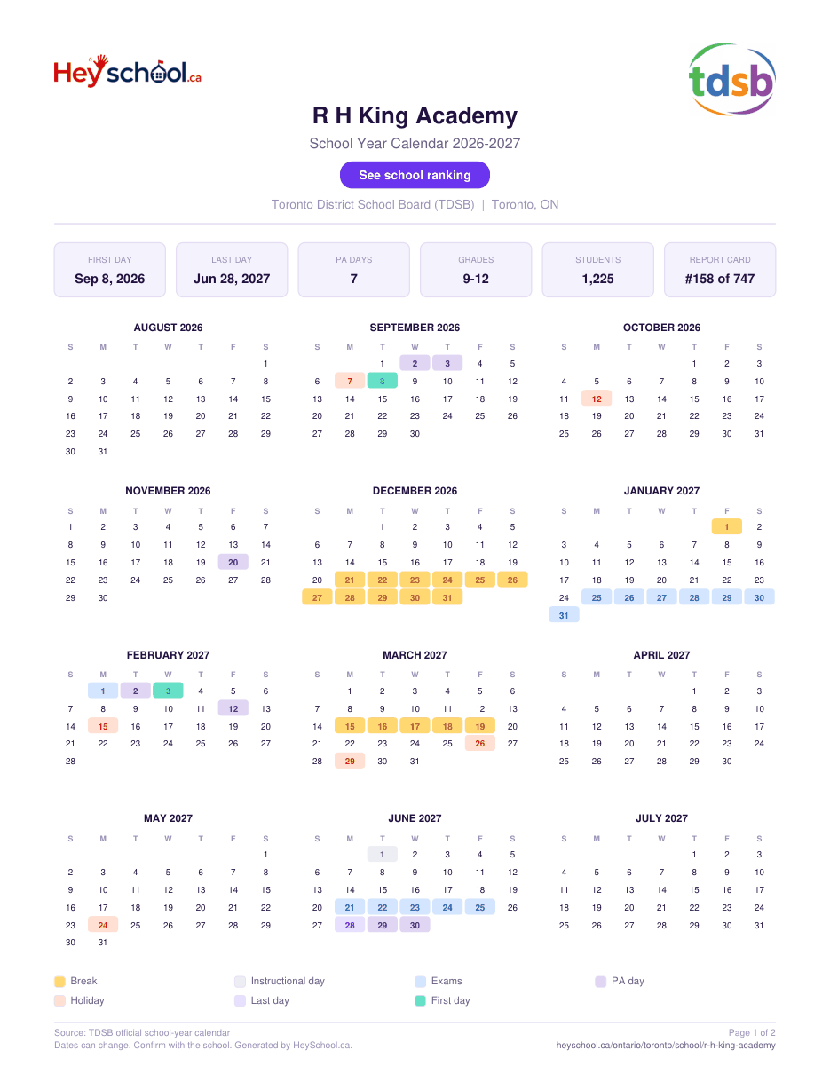 R H King Academy School Year Calendar 2026-2027