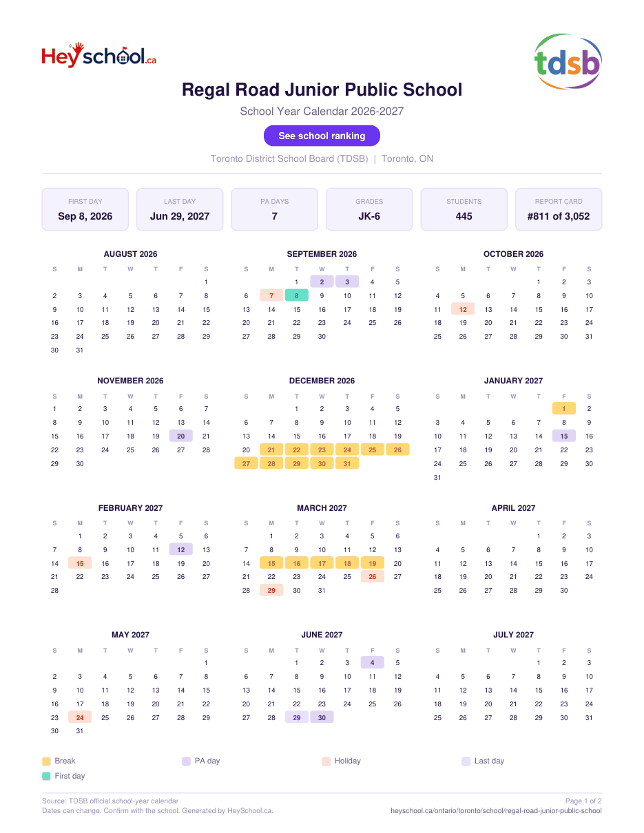 Regal Road Junior Public School School Year Calendar 2026-2027