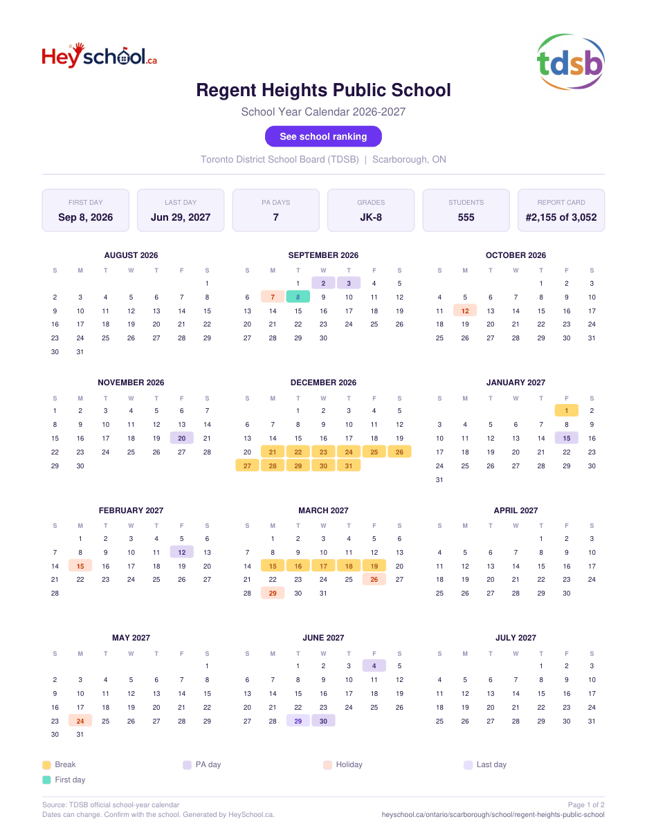 Regent Heights Public School School Year Calendar 2026-2027