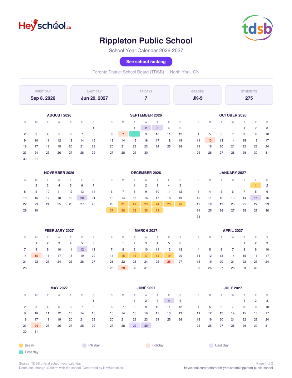 Rippleton Public School School Year Calendar 2026-2027