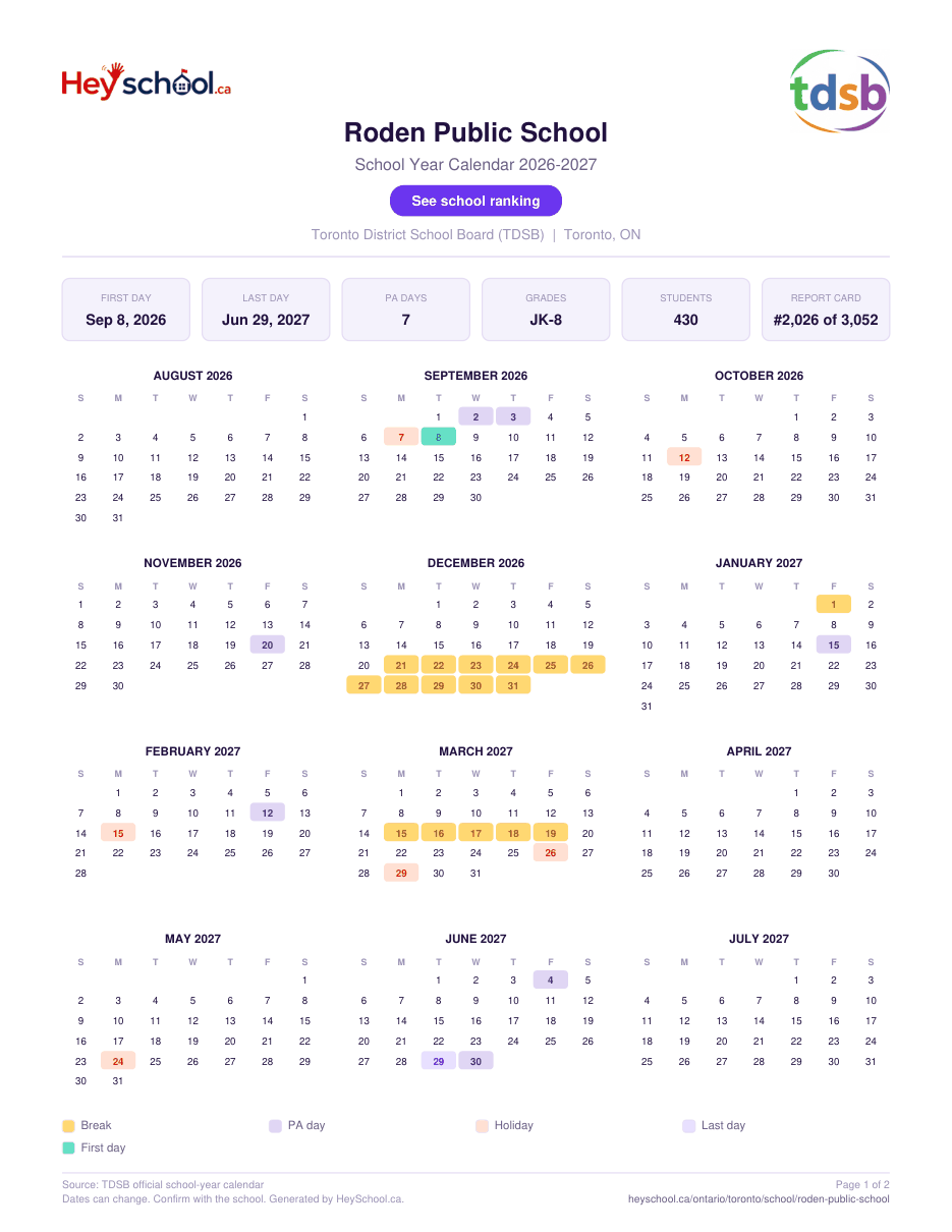 Roden Public School School Year Calendar 2026-2027