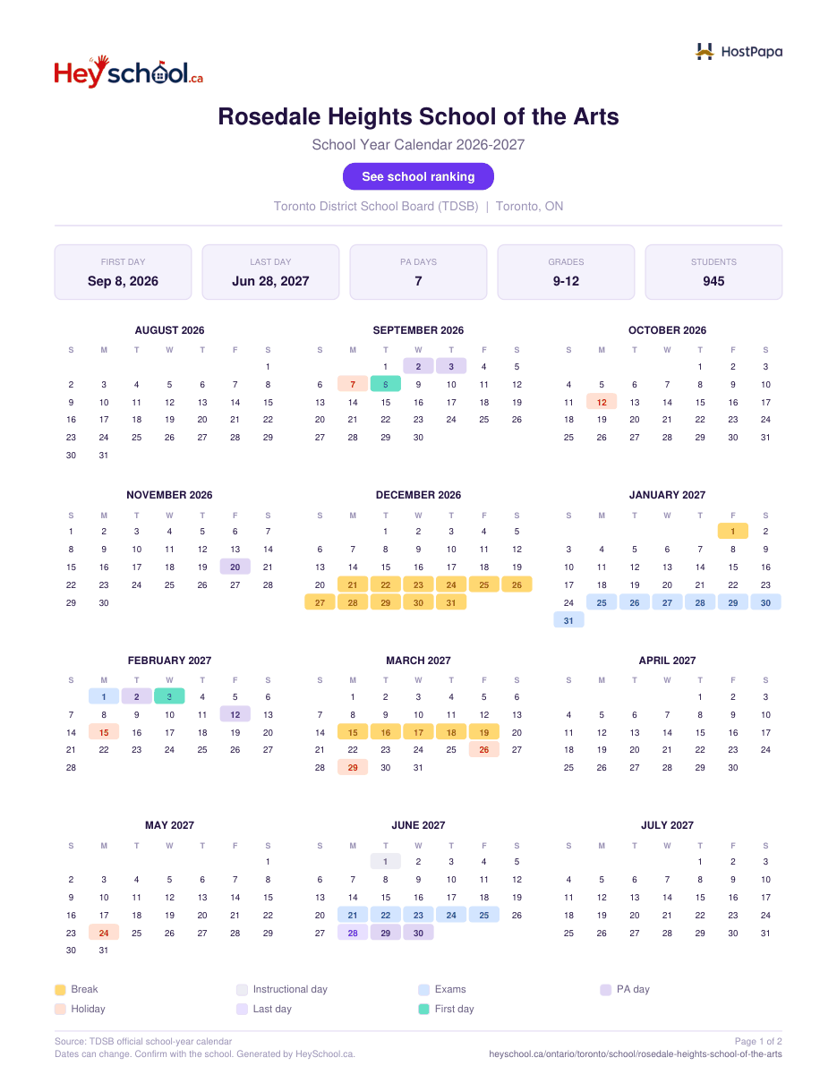Rosedale Heights School of the Arts School Year Calendar 2026-2027