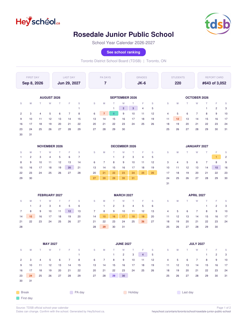 Rosedale Junior Public School School Year Calendar 2026-2027