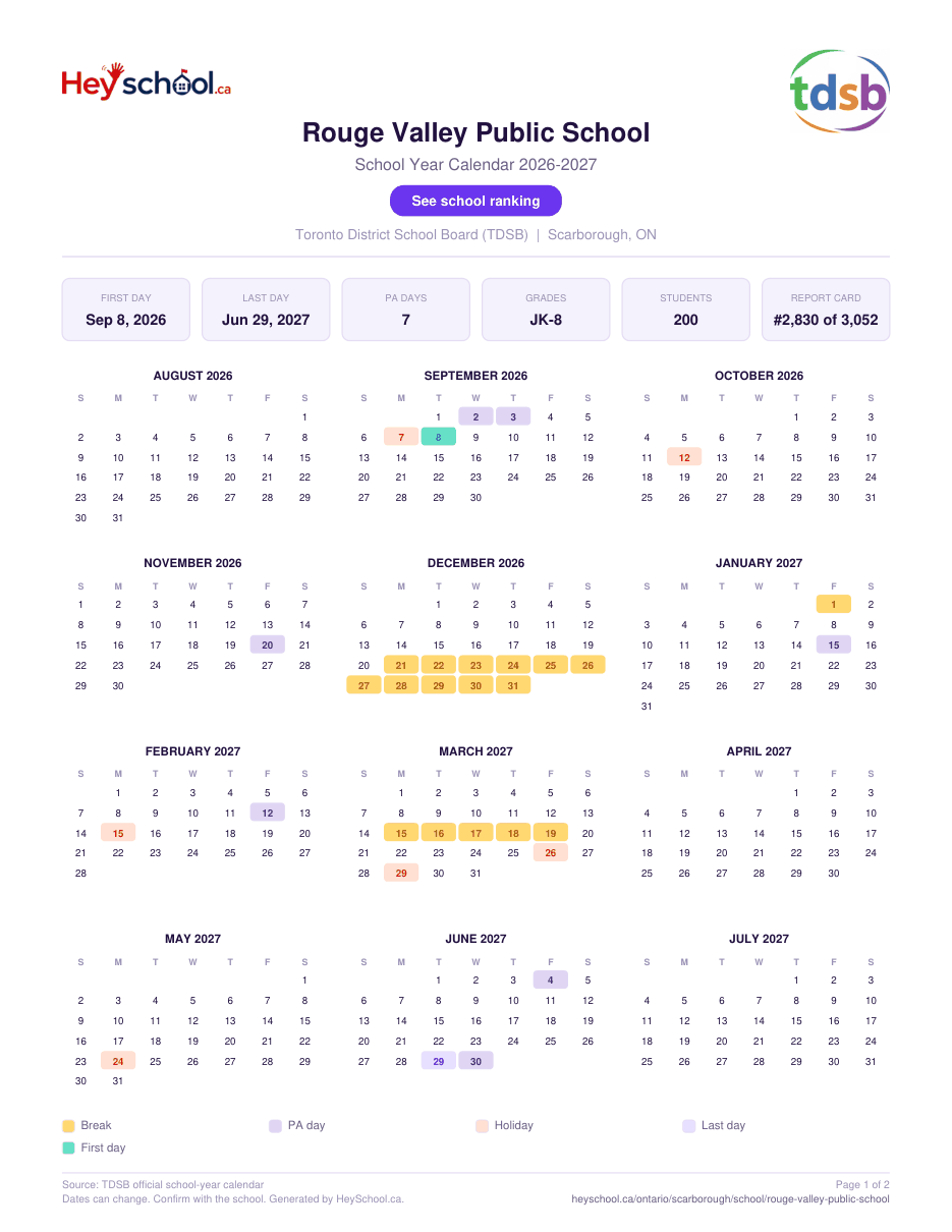 Rouge Valley Public School School Year Calendar 2026-2027