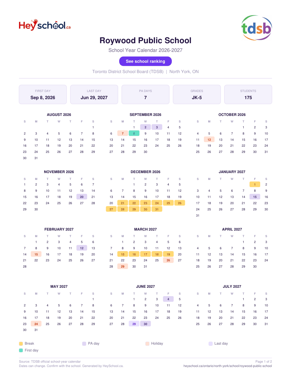 Roywood Public School School Year Calendar 2026-2027