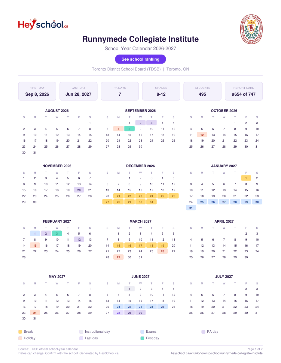 Runnymede Collegiate Institute School Year Calendar 2026-2027