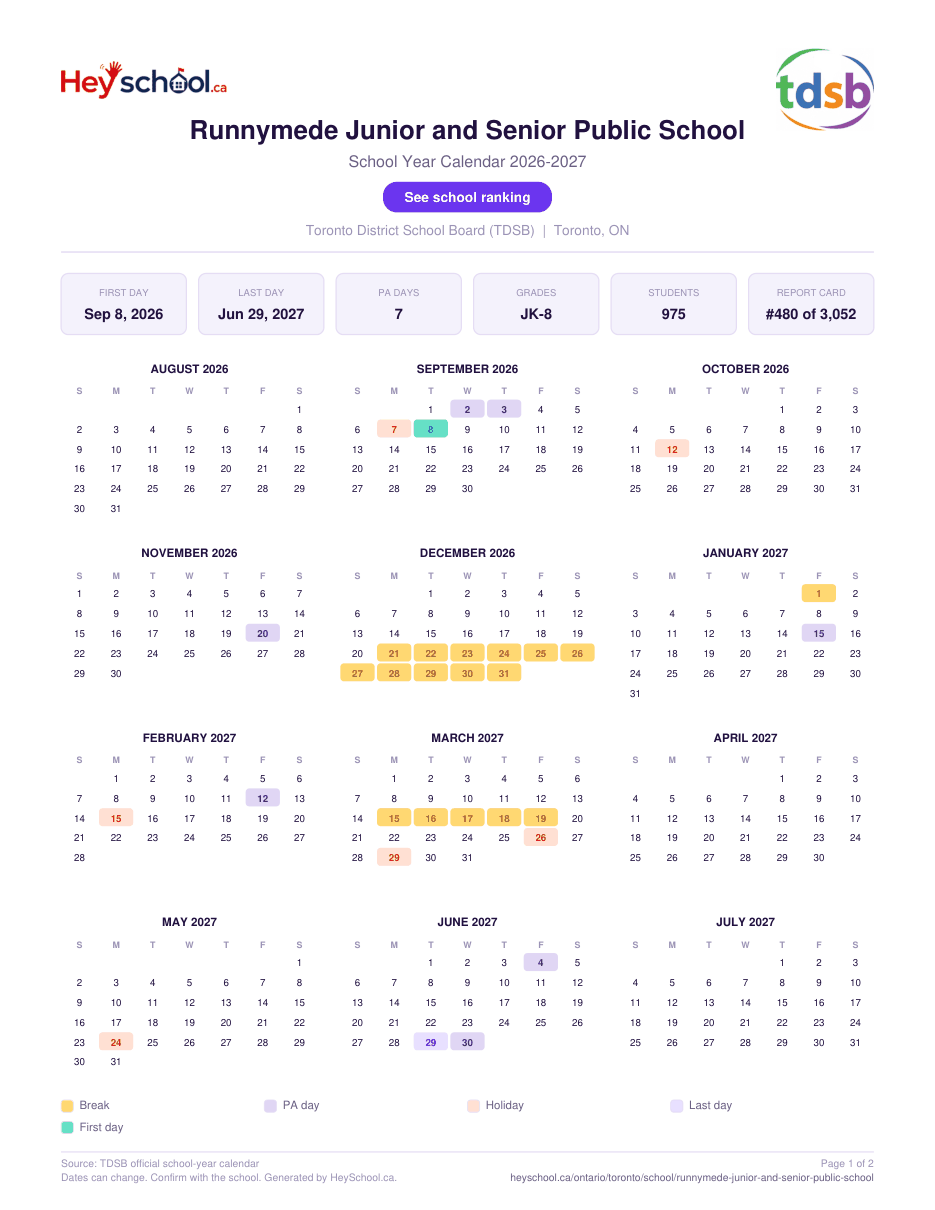 Runnymede Junior and Senior Public School School Year Calendar 2026-2027