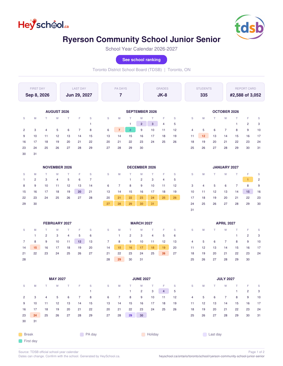 Ryerson Community School Junior Senior School Year Calendar 2026-2027