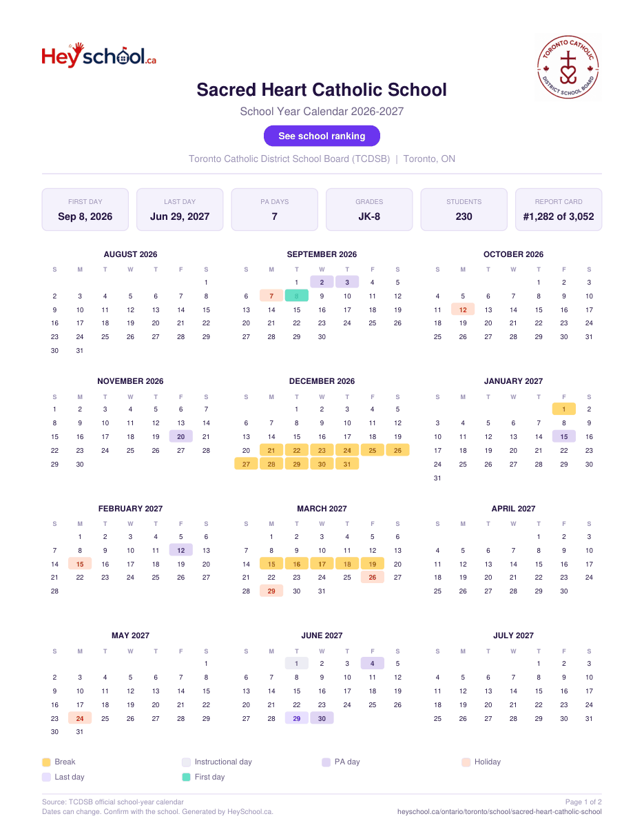 Sacred Heart Catholic School School Year Calendar 2026-2027