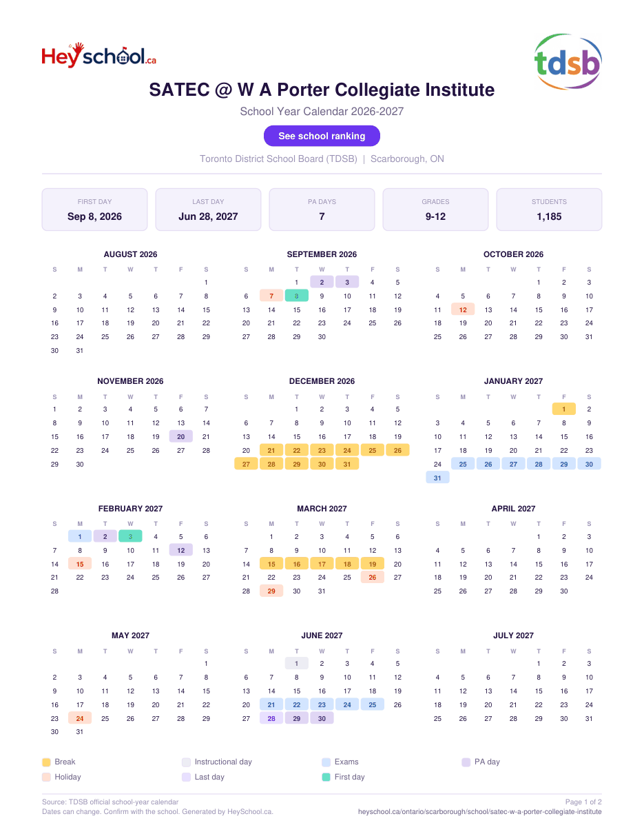 SATEC @ W A Porter Collegiate Institute School Year Calendar 2026-2027